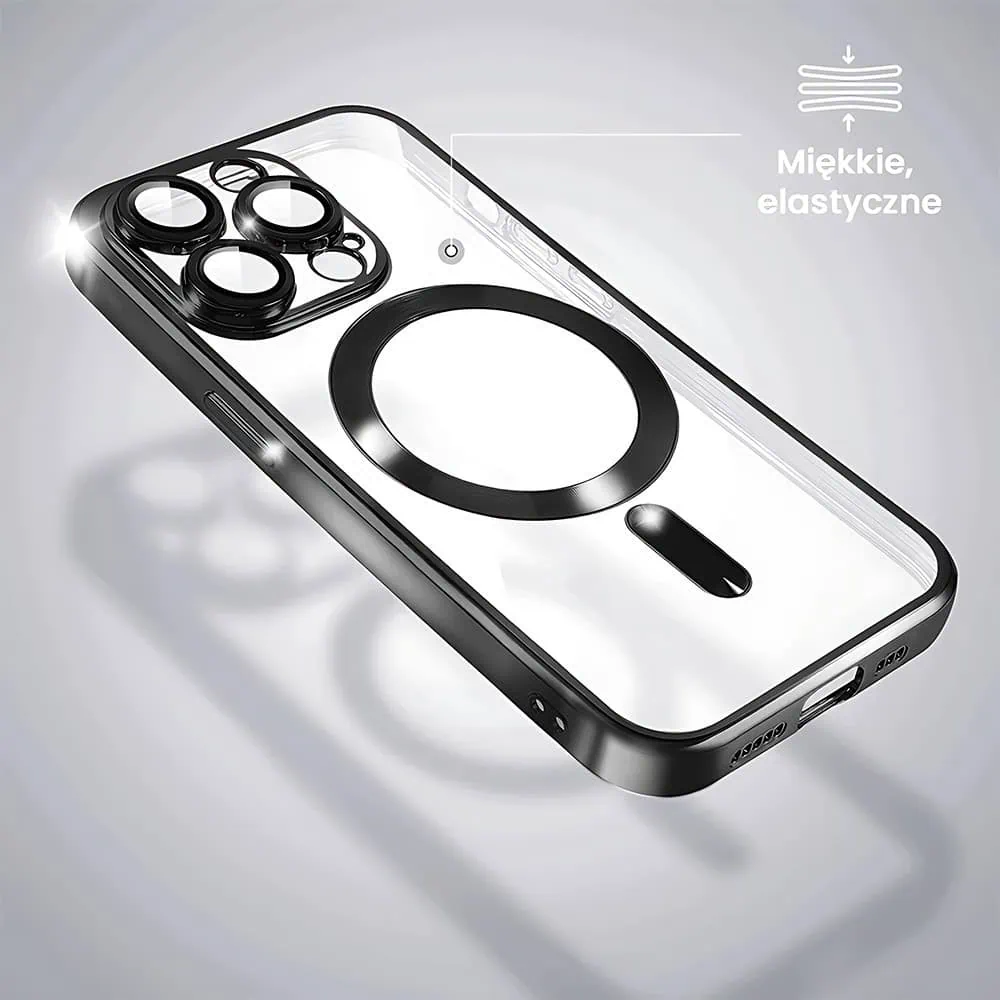Etui do iPhone 15 Pro MagSafe Luxury Protect przeźroczyste, hybrydowa ochrona kamery, czarne (OUTLET)