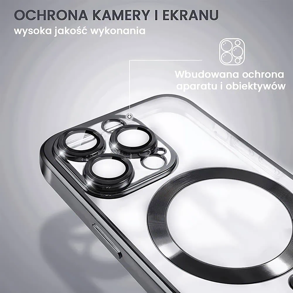 etui do iphone 15 pro magsafe luxury protect przeźroczyste, hybrydowa ochrona kamery, czarne