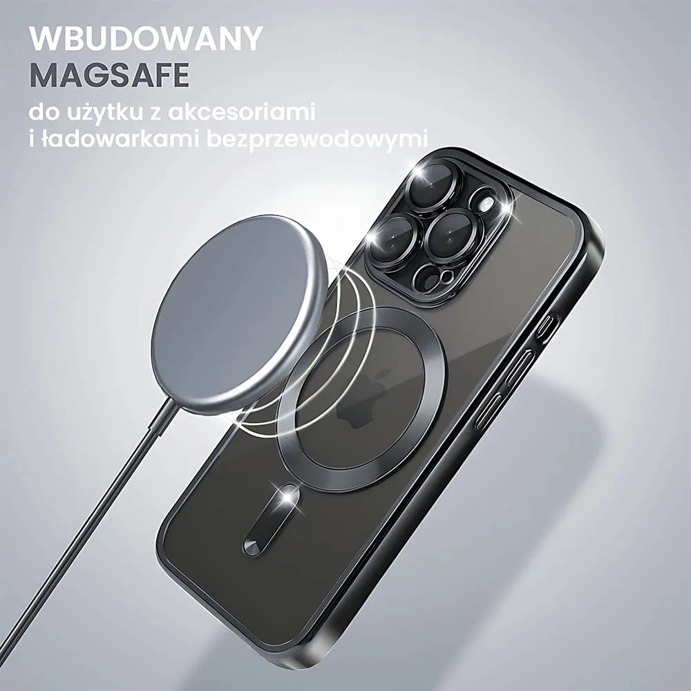 Etui do iPhone 15 Pro MagSafe Luxury Protect przeźroczyste, hybrydowa ochrona kamery, czarne (OUTLET)