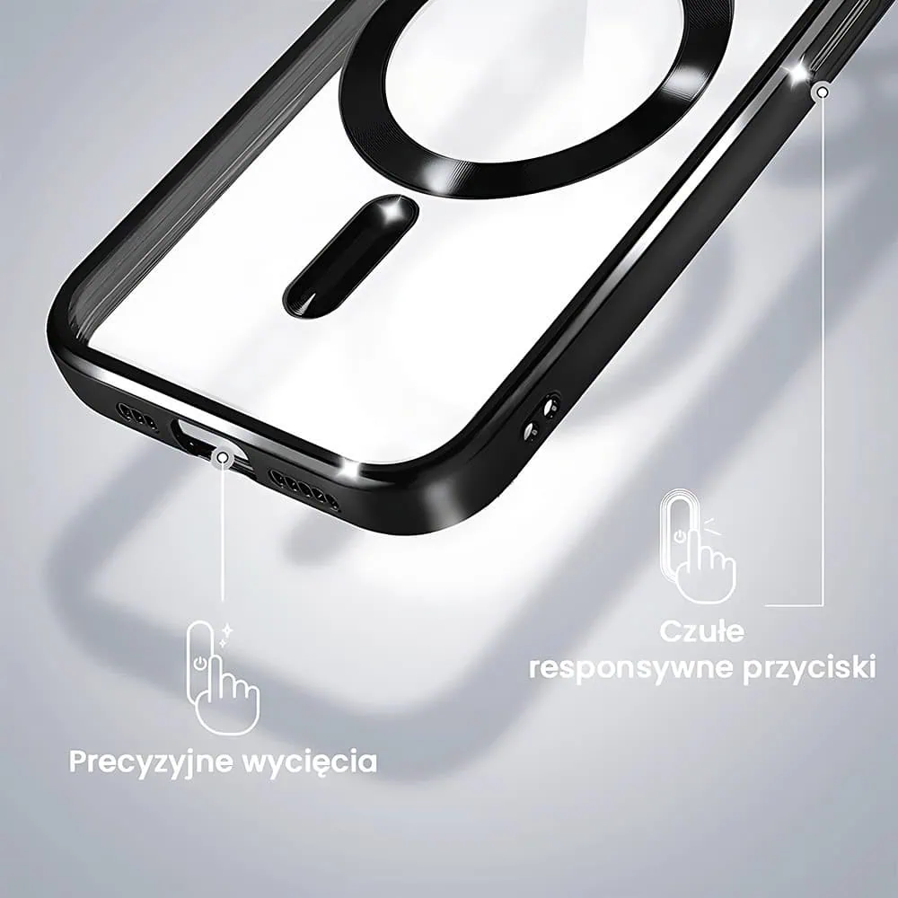 Etui do iPhone 15 Pro MagSafe Luxury Protect przeźroczyste, hybrydowa ochrona kamery, czarne (OUTLET)