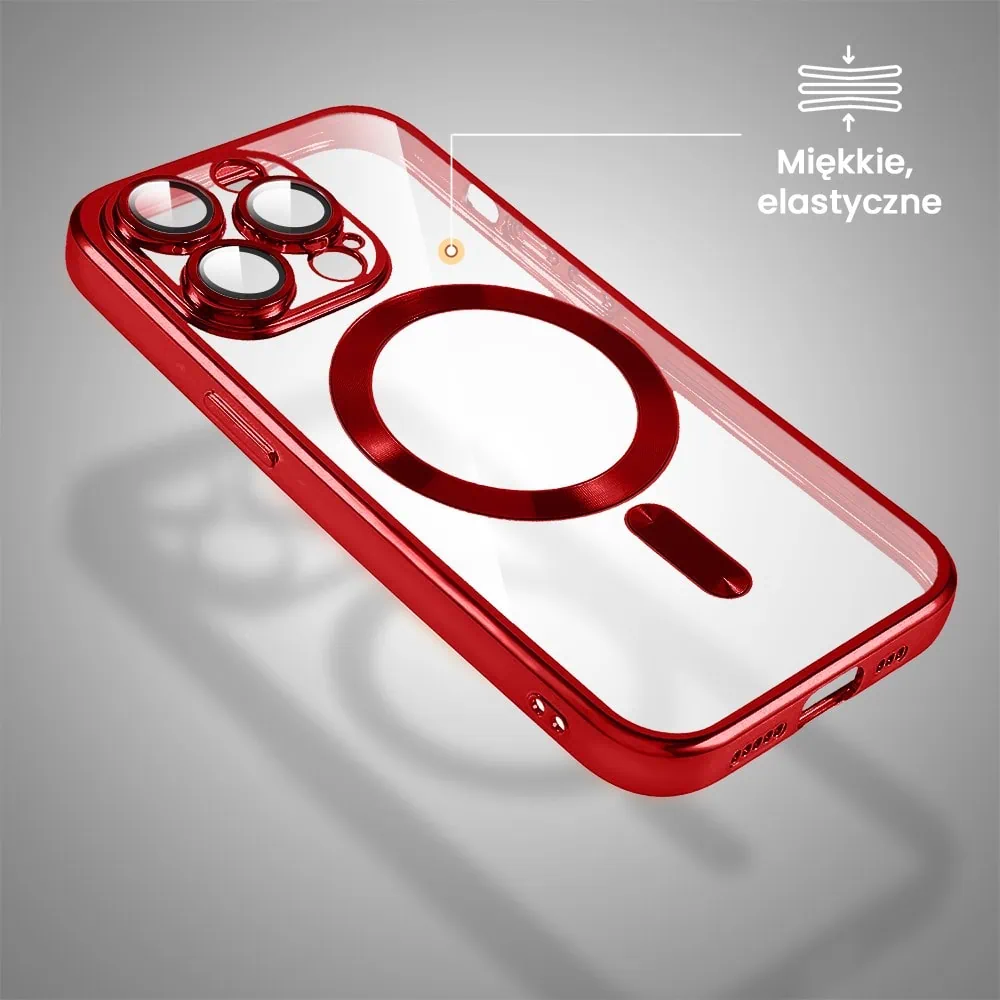 Etui do iPhone 15 Pro Max MagSafe Luxury Protect przeźroczyste, hybrydowa ochrona kamery, czerwone