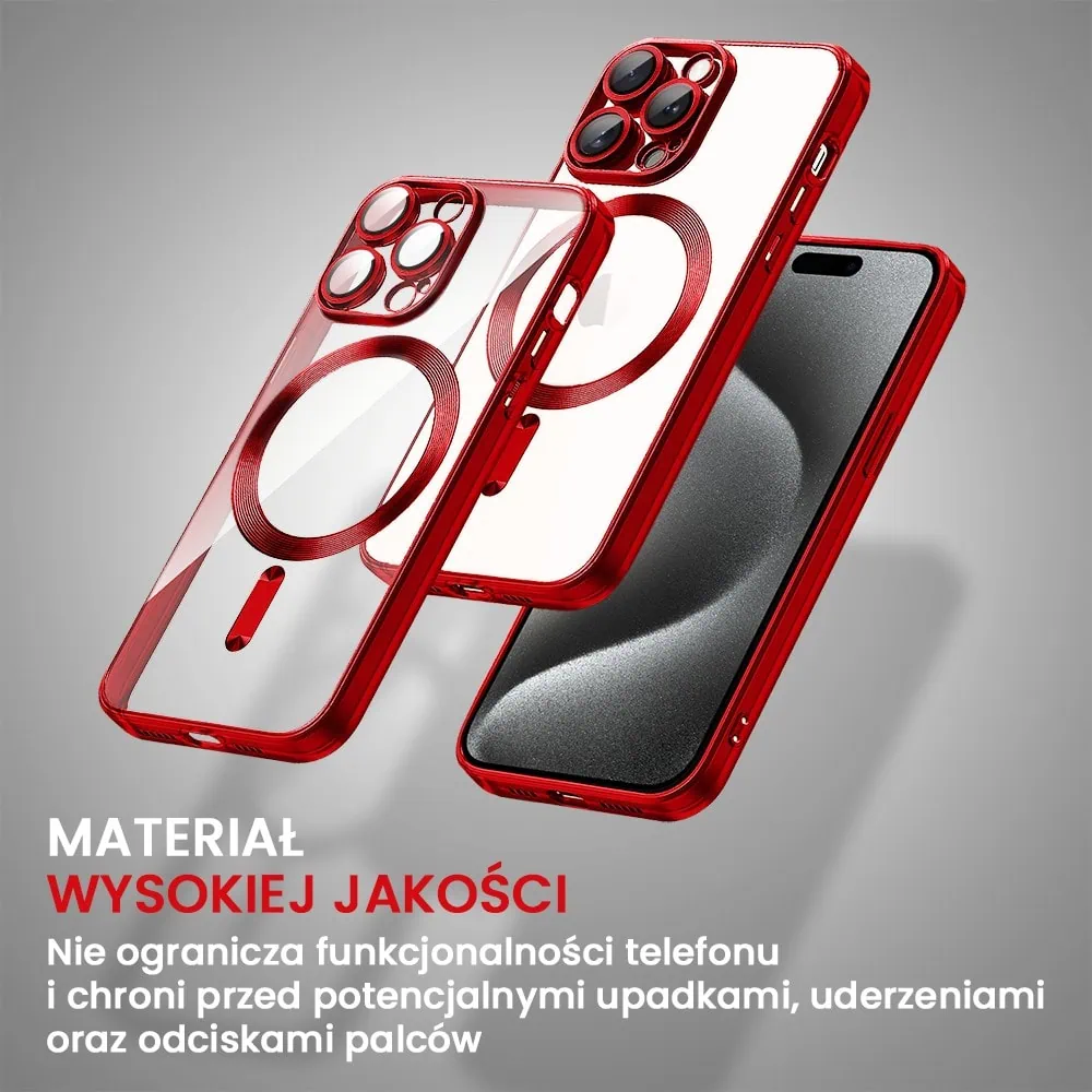 Etui do iPhone 15 Pro Max MagSafe Luxury Protect przeźroczyste, hybrydowa ochrona kamery, czerwone