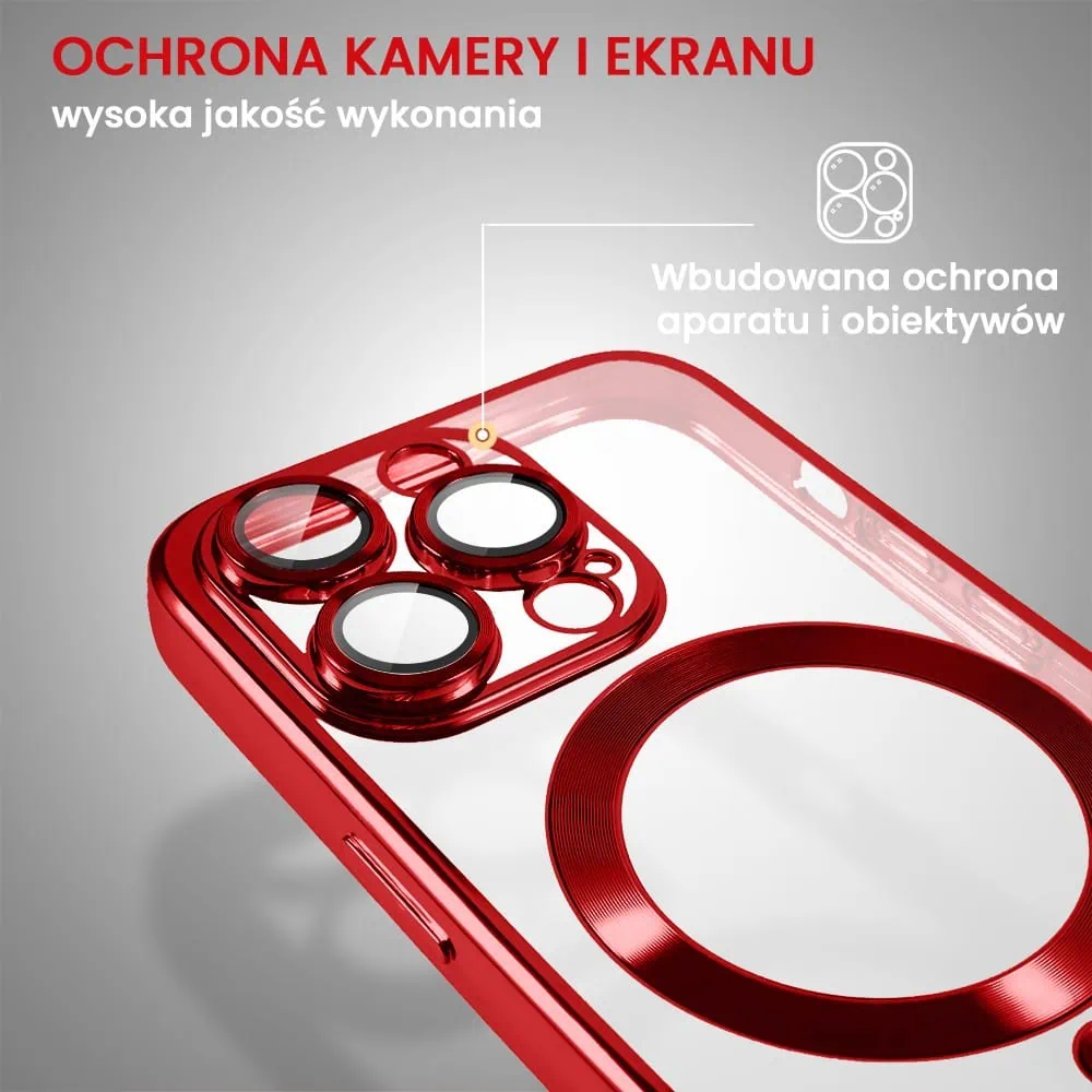 Etui do iPhone 15 Pro Max MagSafe Luxury Protect przeźroczyste, hybrydowa ochrona kamery, czerwone