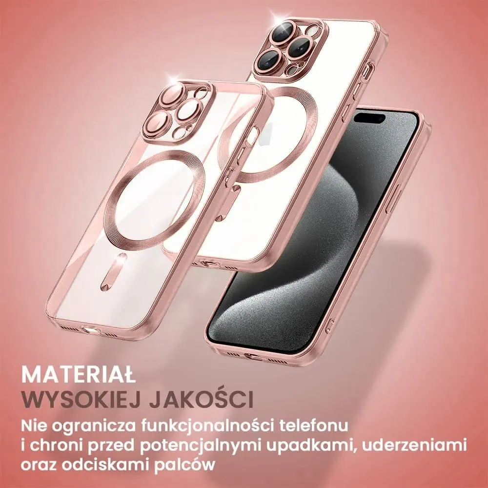 Etui do iPhone 15 Pro Max MagSafe Luxury Protect przeźroczyste, hybrydowa ochrona kamery, różowe złoto