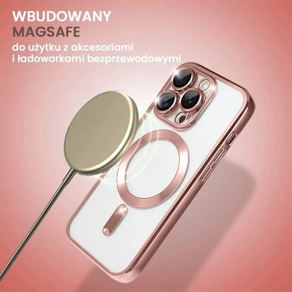 Etui do iPhone 15 Pro Max MagSafe Luxury Protect przeźroczyste, hybrydowa ochrona kamery, różowe złoto