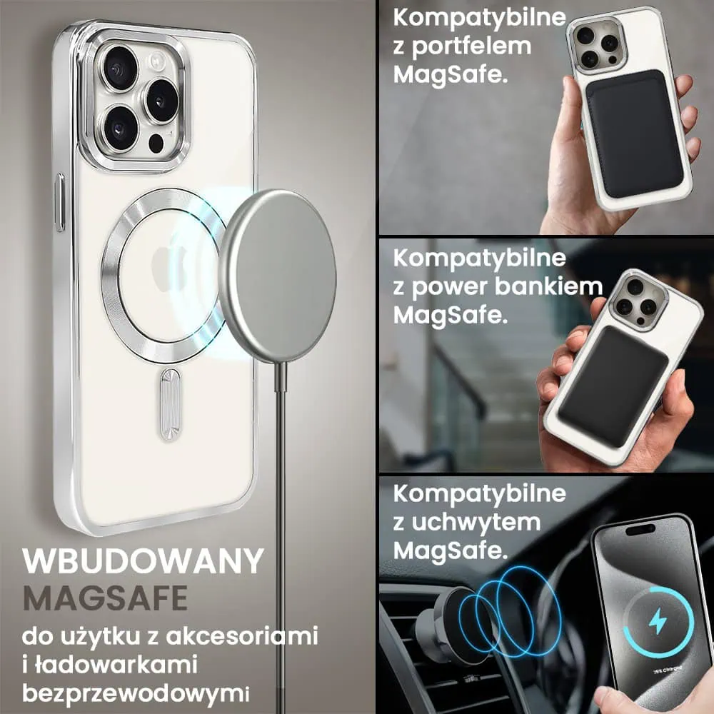 Etui do iPhone 15 Pro Max MagSafe Luxury, przeźroczyste, srebrne