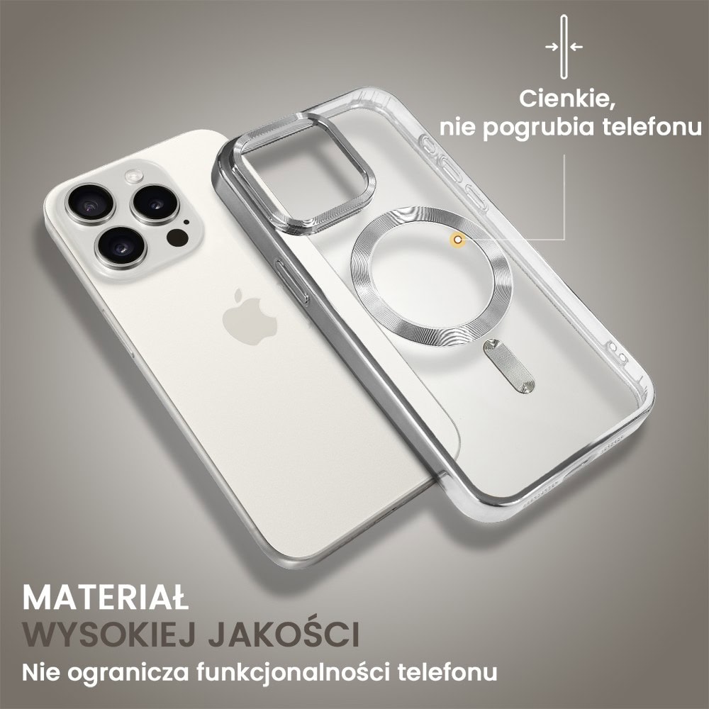 Etui do iPhone 15 Pro Max MagSafe Luxury, przeźroczyste, srebrne
