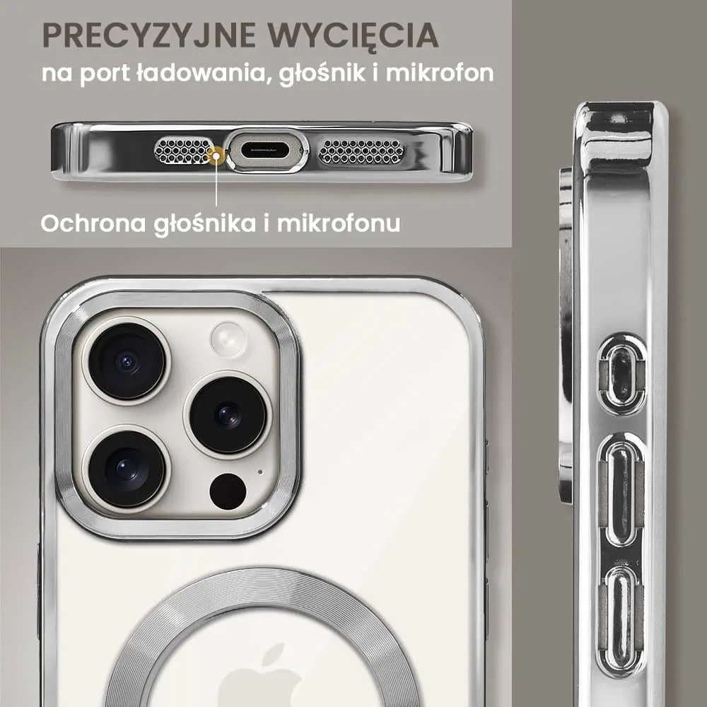 Etui do iPhone 15 Pro Max MagSafe Luxury, przeźroczyste, srebrne