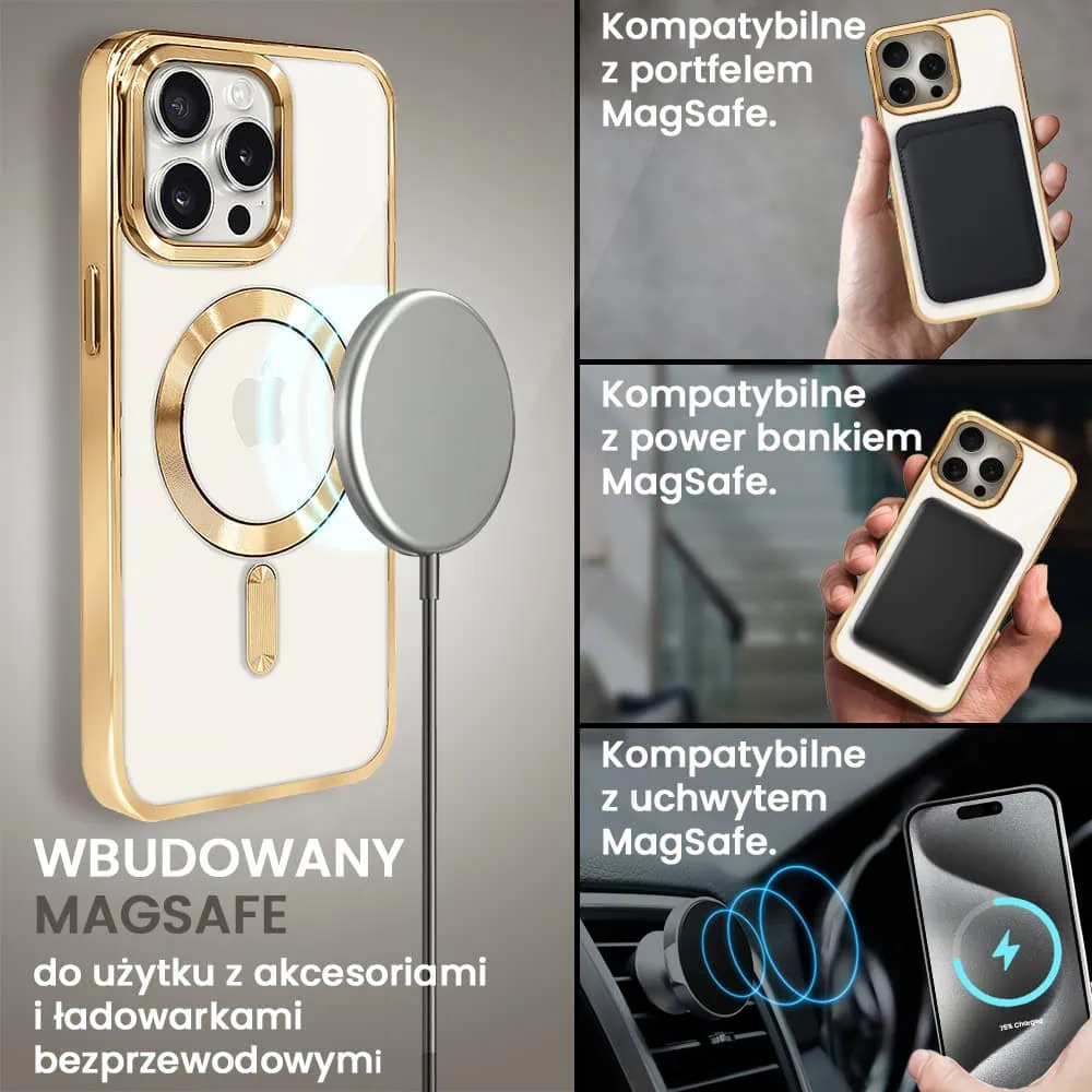 Etui do iPhone 15 Pro Max MagSafe Luxury, przeźroczyste, złote