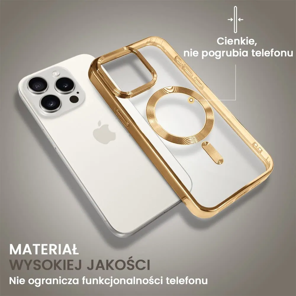 Etui do iPhone 15 Pro Max MagSafe Luxury, przeźroczyste, złote