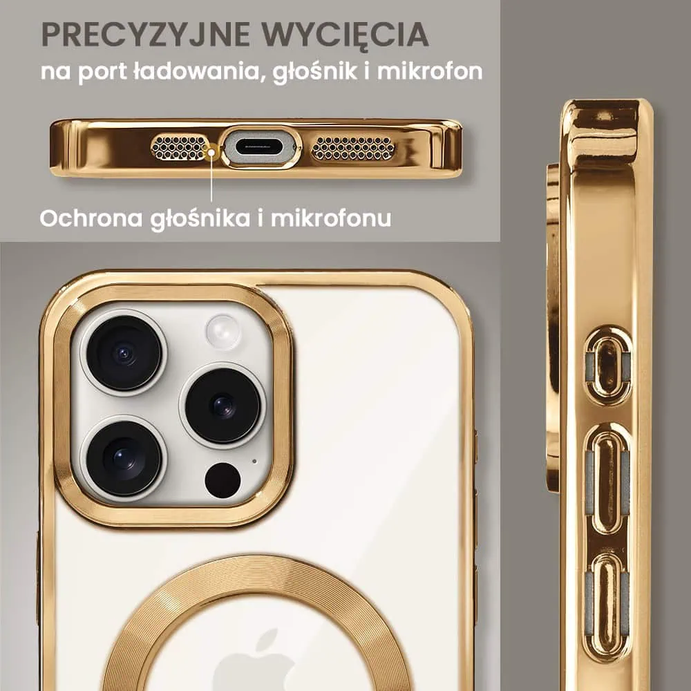Etui do iPhone 15 Pro Max MagSafe Luxury, przeźroczyste, złote