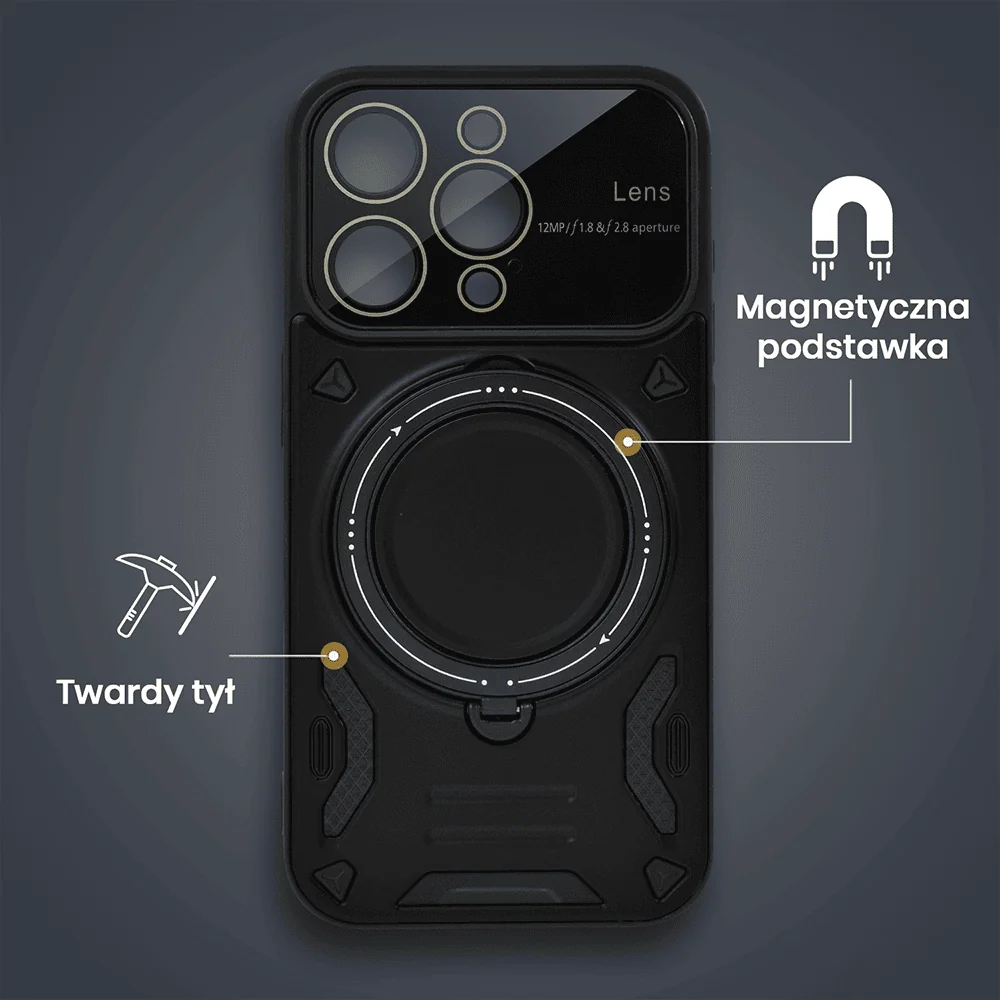 Etui do iPhone 15 Pro Magsafe Camera Beam Stand pancerne, osłona kamery z podstawką, czarne (OUTLET)