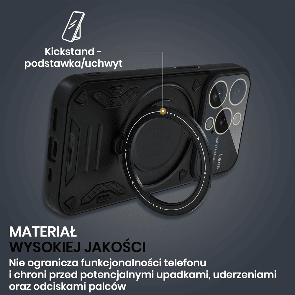 Etui do iPhone 15 Pro Magsafe Camera Beam Stand pancerne, osłona kamery z podstawką, czarne (OUTLET)
