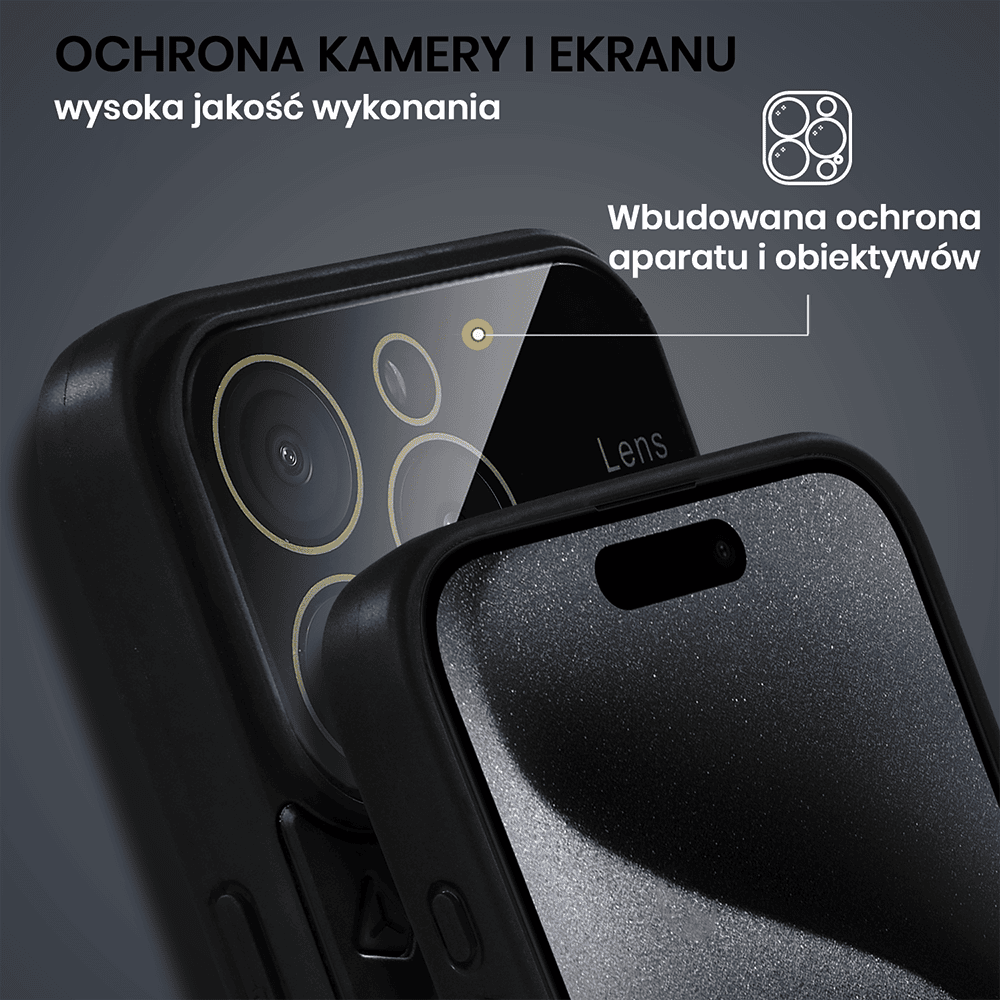 Etui do iPhone 15 Pro Magsafe Camera Beam Stand pancerne, osłona kamery z podstawką, czarne (OUTLET)