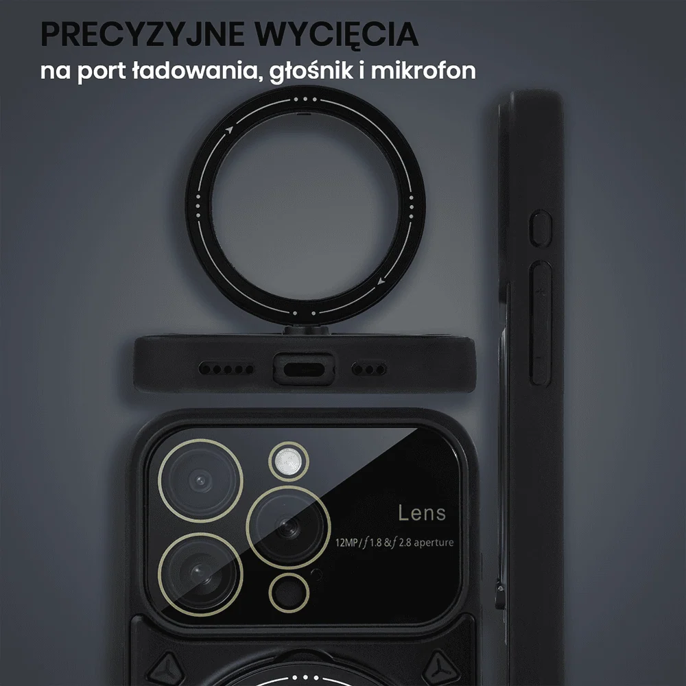Etui do iPhone 15 Pro Magsafe Camera Beam Stand pancerne, osłona kamery z podstawką, czarne (OUTLET)