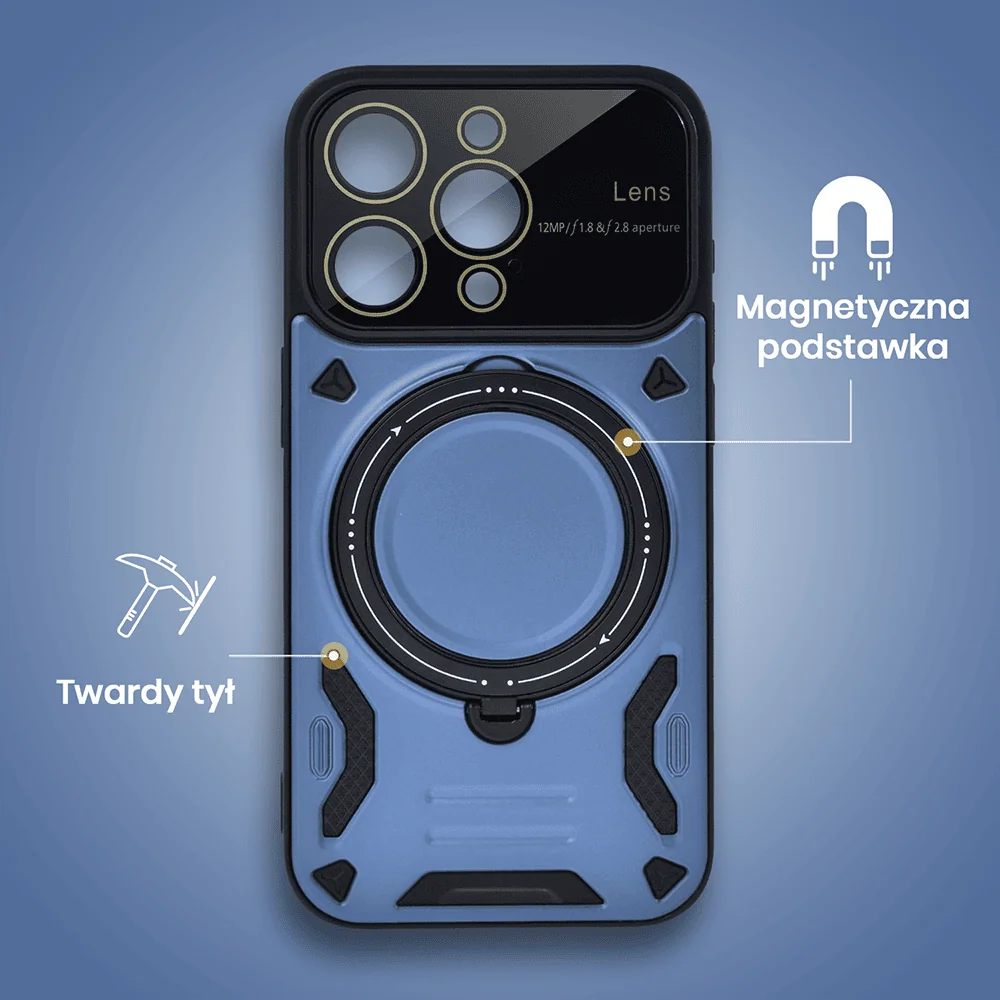 Etui do iPhone 15 Pro Magsafe Camera Beam Stand pancerne, osłona kamery z podstawką, niebieskie
