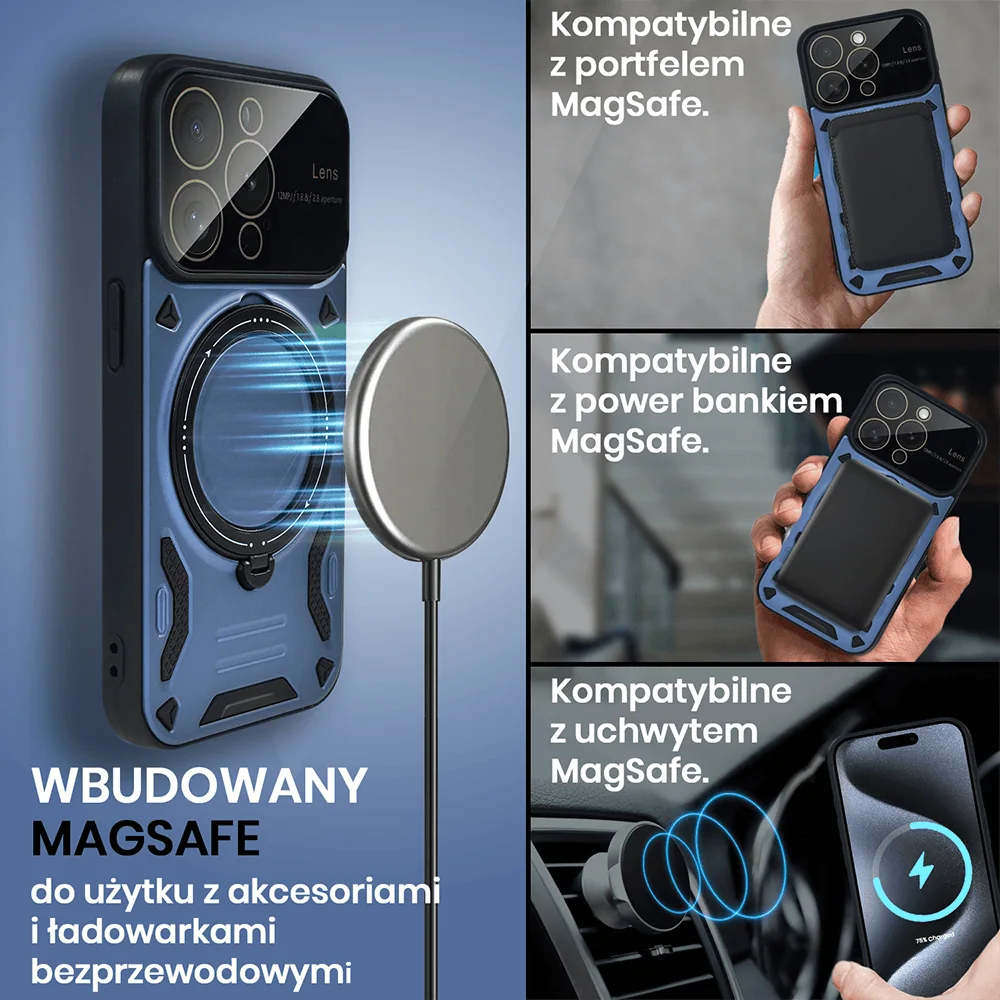 Etui do iPhone 15 Pro Magsafe Camera Beam Stand pancerne, osłona kamery z podstawką, niebieskie