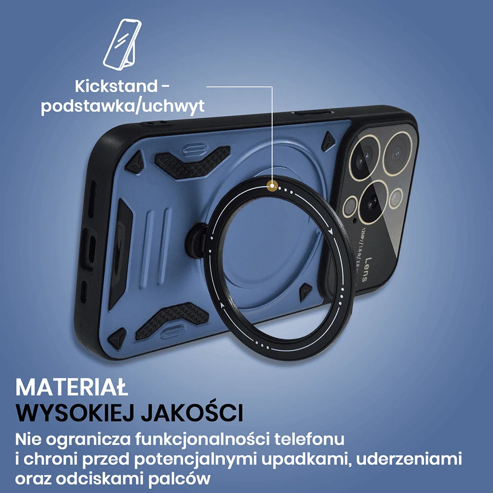 Etui do iPhone 15 Pro Magsafe Camera Beam Stand pancerne, osłona kamery z podstawką, niebieskie