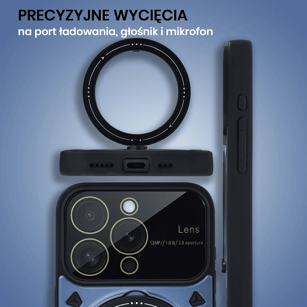 Etui do iPhone 15 Pro Magsafe Camera Beam Stand pancerne, osłona kamery z podstawką, niebieskie