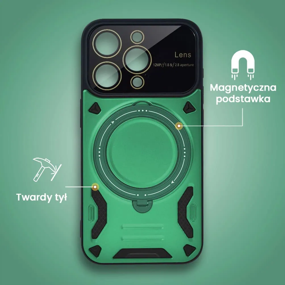 Etui do iPhone 15 Pro Magsafe Camera Beam Stand pancerne, osłona kamery z podstawką, zielone