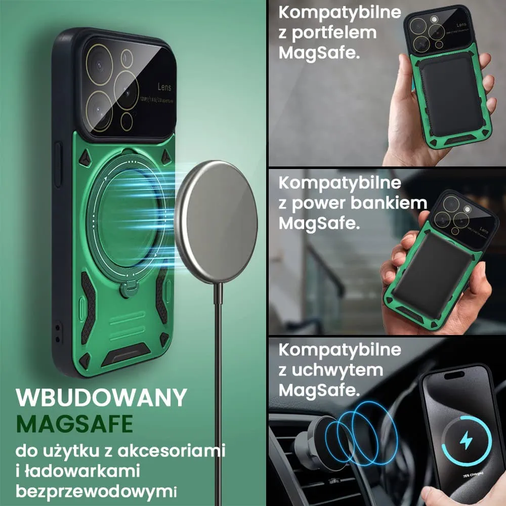 Etui do iPhone 15 Pro Magsafe Camera Beam Stand pancerne, osłona kamery z podstawką, zielone