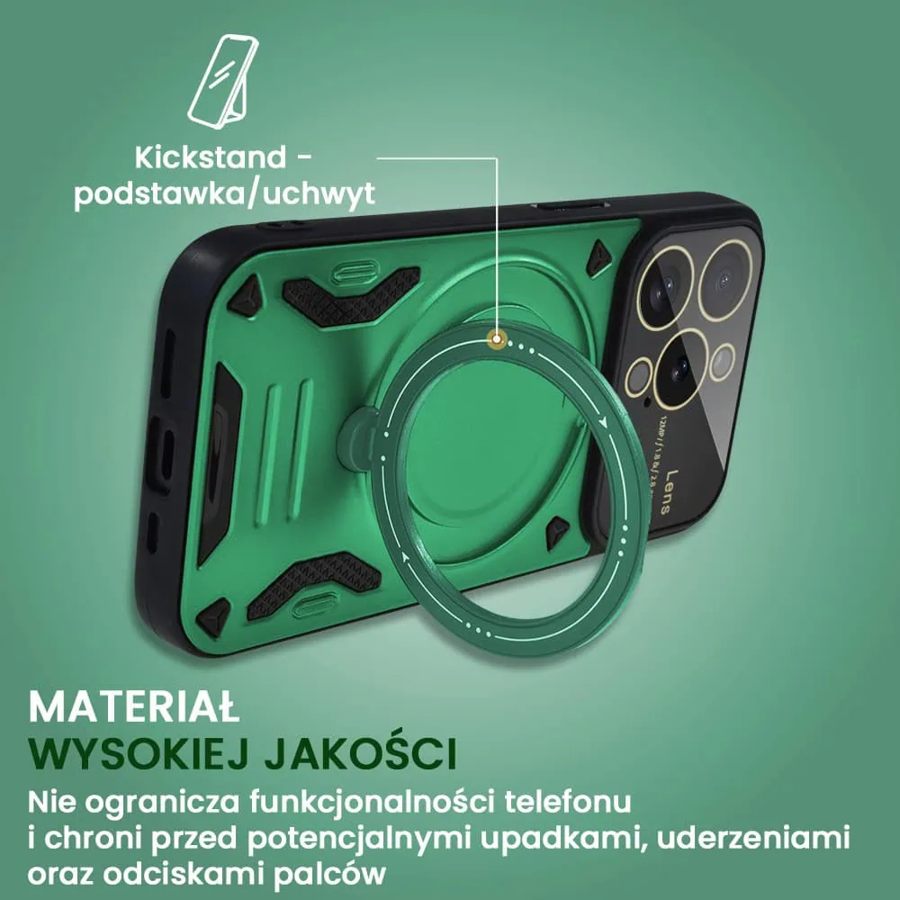 Etui do iPhone 15 Pro Magsafe Camera Beam Stand pancerne, osłona kamery z podstawką, zielone