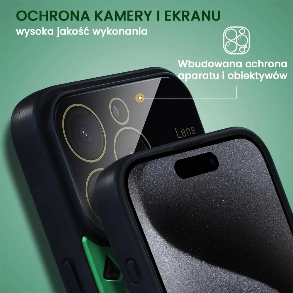 Etui do iPhone 15 Pro Magsafe Camera Beam Stand pancerne, osłona kamery z podstawką, zielone