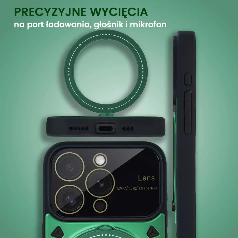 Etui do iPhone 15 Pro Magsafe Camera Beam Stand pancerne, osłona kamery z podstawką, zielone