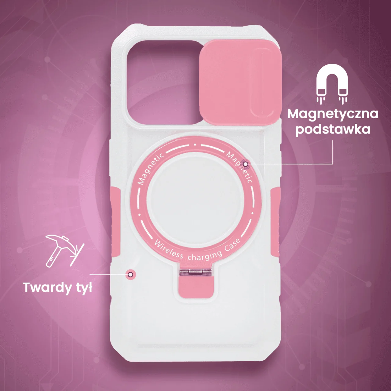 Etui do iPhone 15 Pro Max MagSafe Slide Camera Stand pancerne, osłona kamery z podstawką, biało-różowe