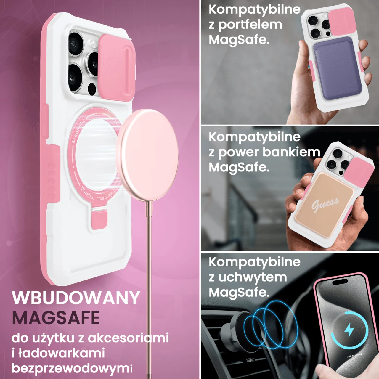 Etui do iPhone 15 Pro Max MagSafe Slide Camera Stand pancerne, osłona kamery z podstawką, biało-różowe