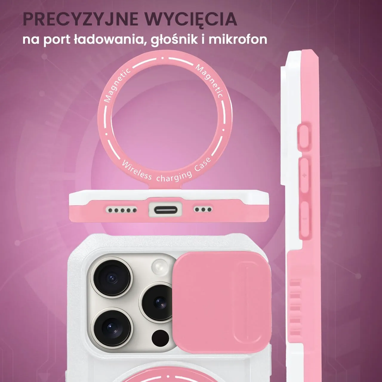 Etui do iPhone 15 Pro Max MagSafe Slide Camera Stand pancerne, osłona kamery z podstawką, biało-różowe