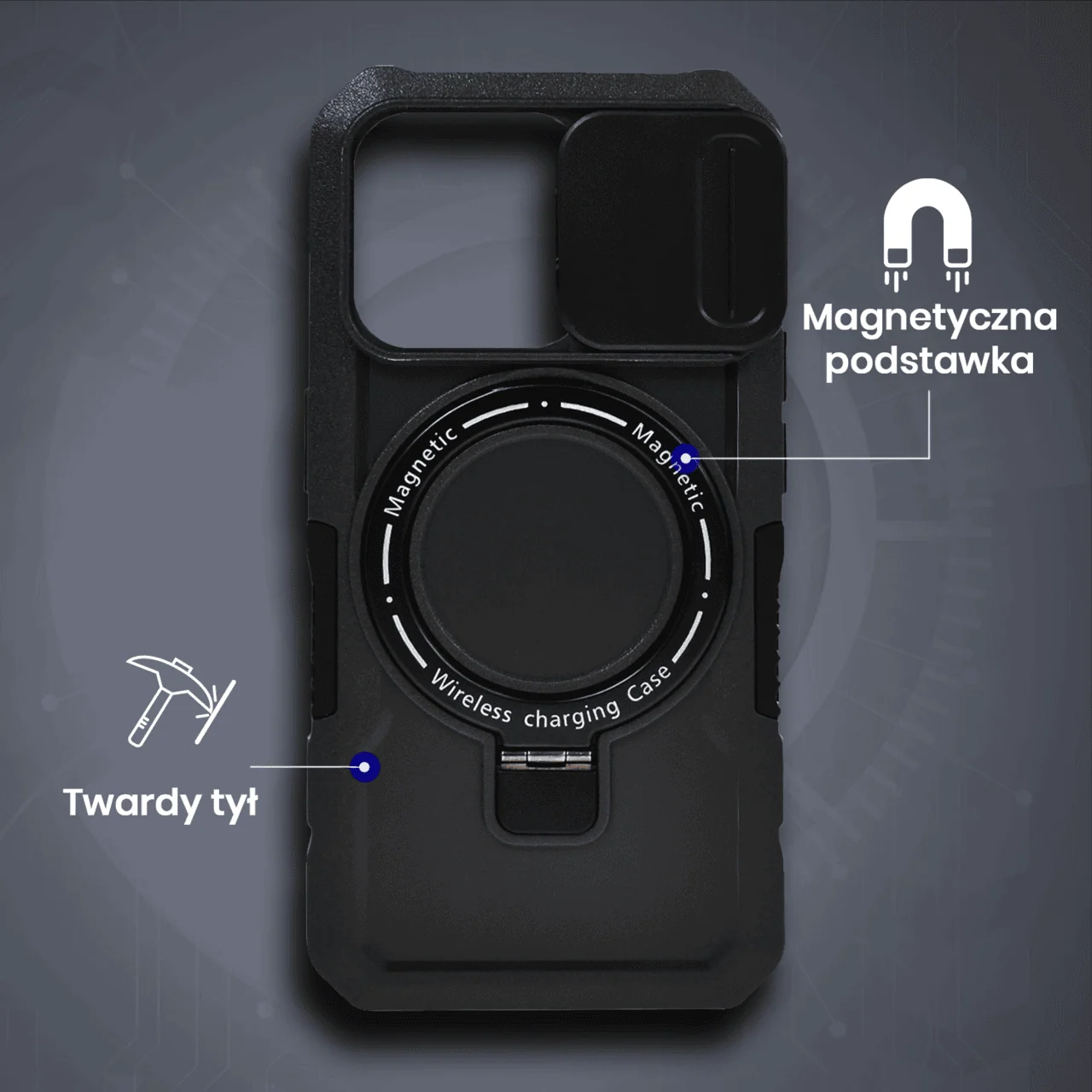 Etui do iPhone 15 Pro MagSafe Slide Camera Stand pancerne, osłona kamery z podstawką, czarne