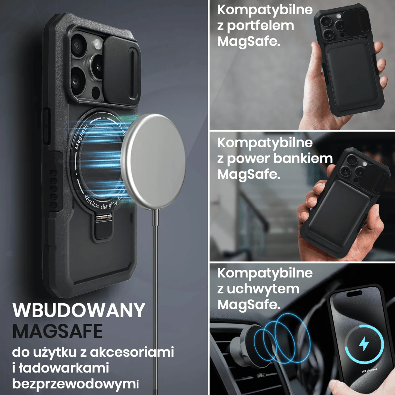 Etui do iPhone 15 Pro MagSafe Slide Camera Stand pancerne, osłona kamery z podstawką, czarne