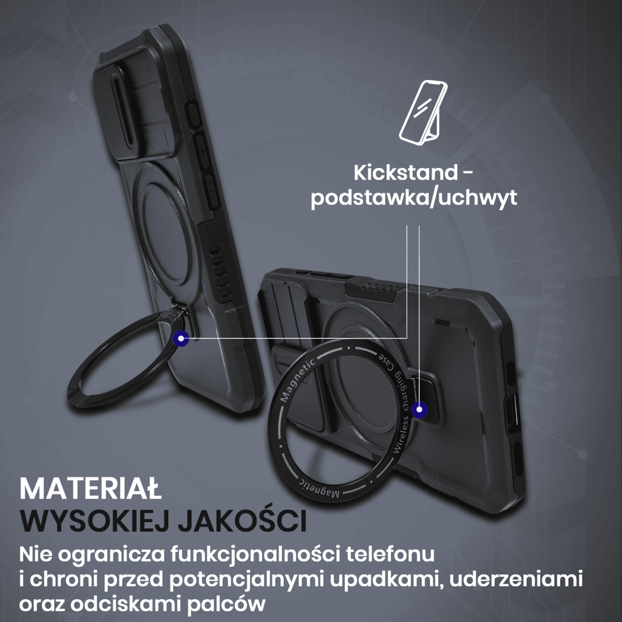 Etui do iPhone 15 Pro MagSafe Slide Camera Stand pancerne, osłona kamery z podstawką, czarne