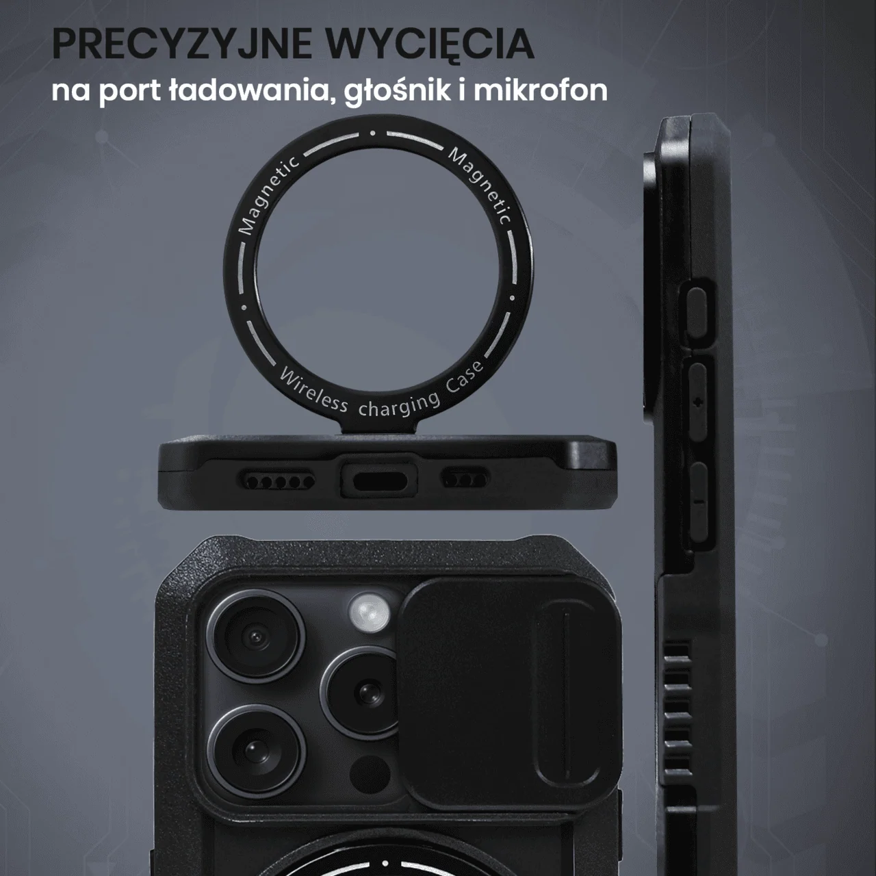 Etui do iPhone 15 Pro MagSafe Slide Camera Stand pancerne, osłona kamery z podstawką, czarne