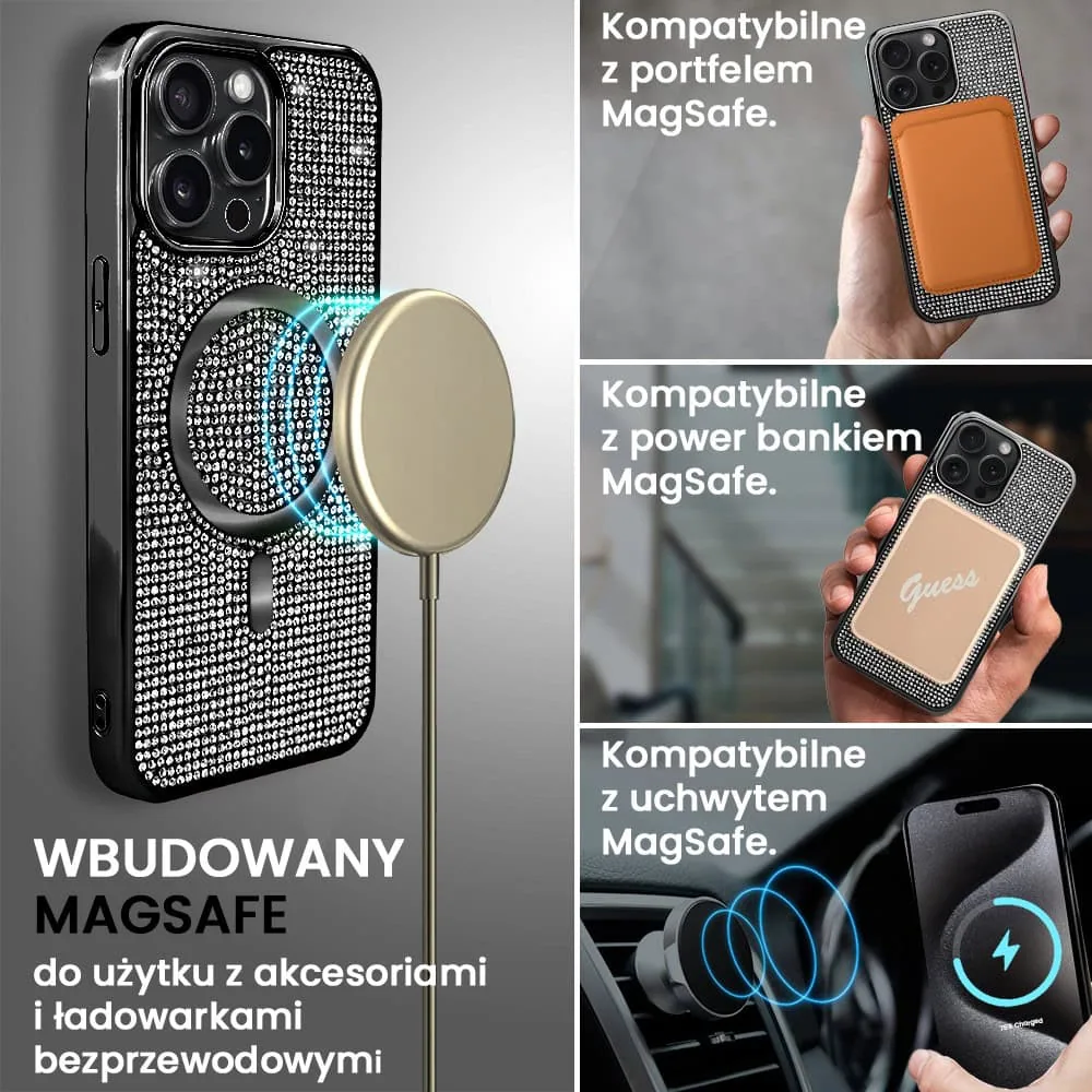 Etui do iPhone 15 Pro Magsafe Tresury Case, diamentowe, z błyszczącą ramką, czarne (OUTLET)