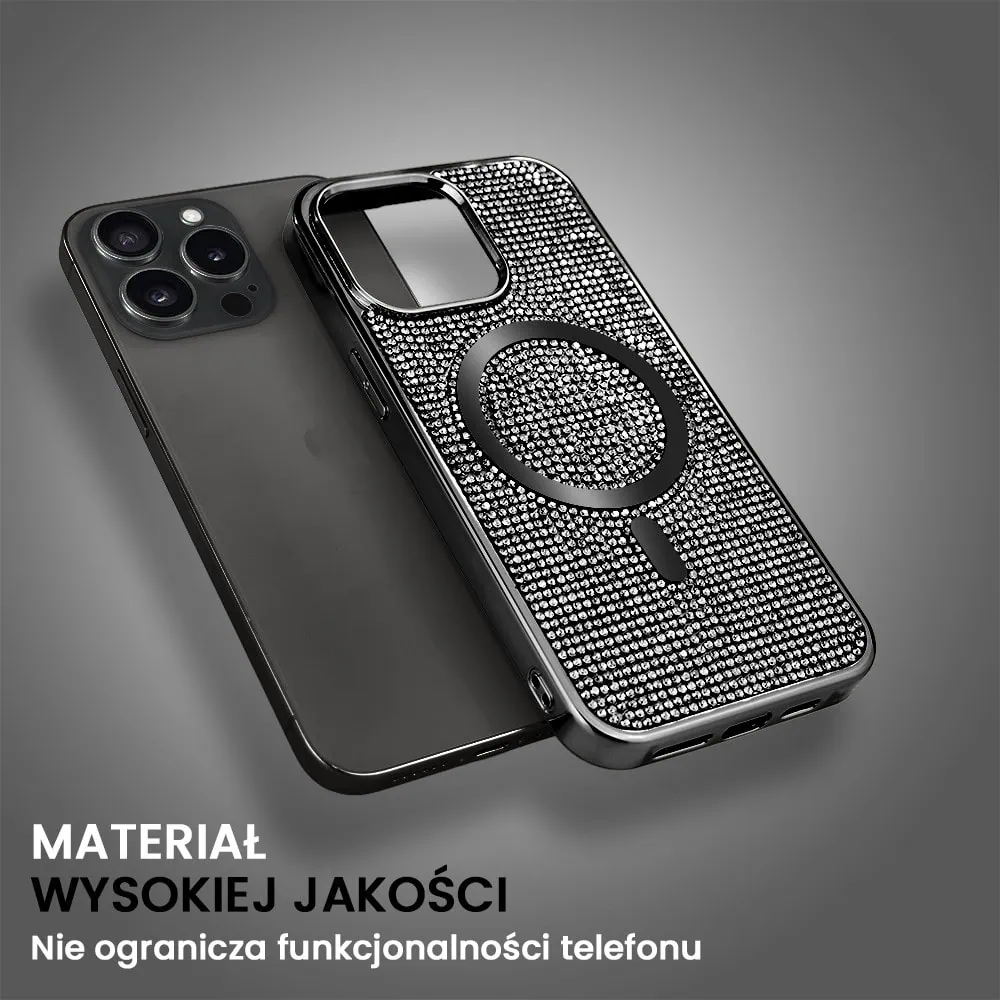 Etui do iPhone 15 Pro Magsafe Tresury Case, diamentowe, z błyszczącą ramką, czarne (OUTLET)