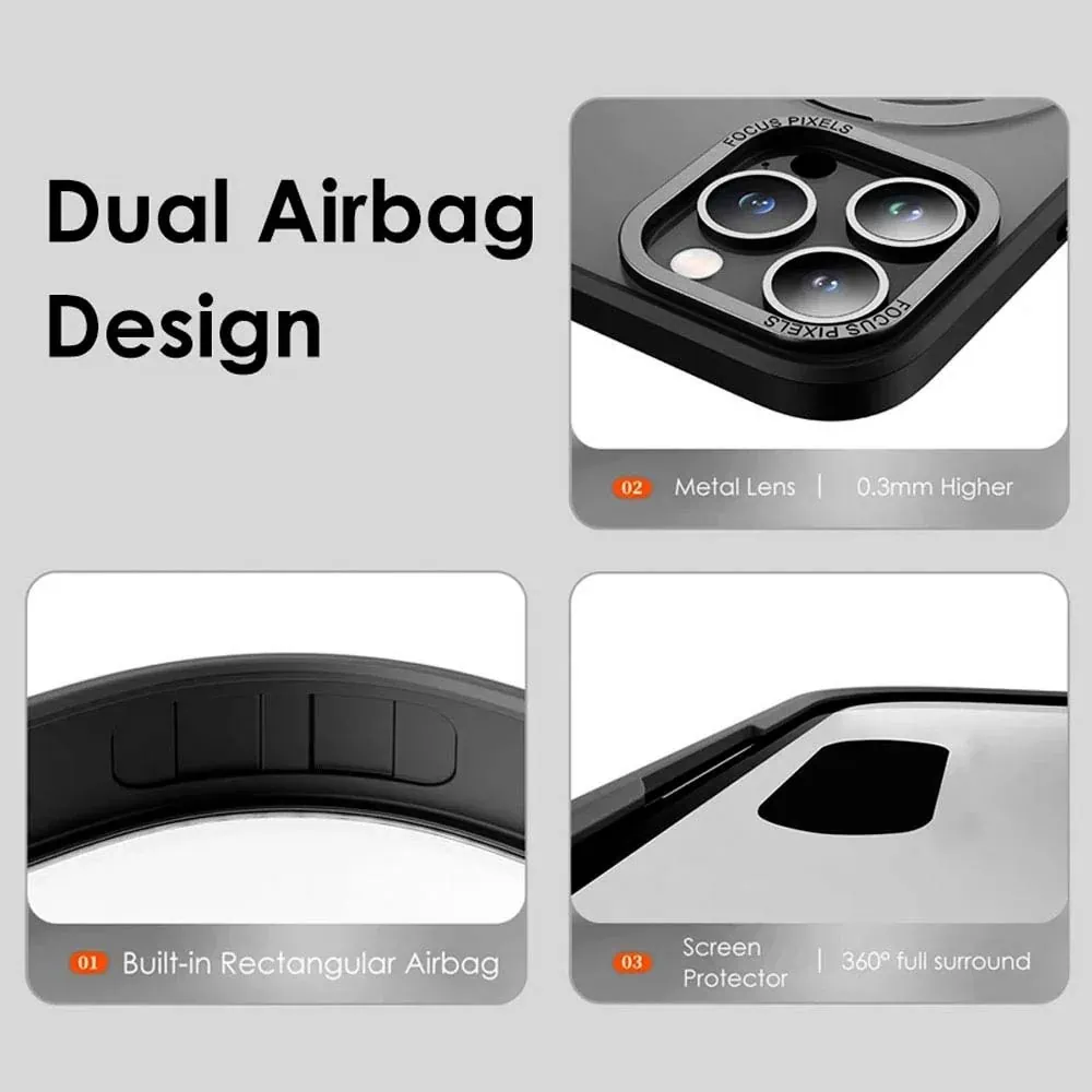 Etui do iPhone 15 Pro Max Metal Cam MagSafe Stand z podstawką, twarde, półprzeźroczyste, czarne