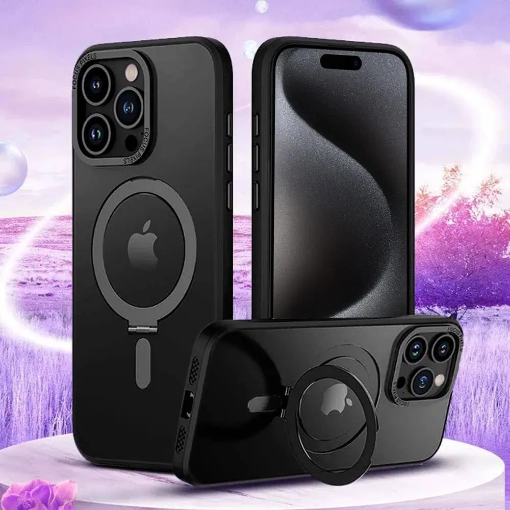 Etui do iPhone 15 Pro Max Metal Cam MagSafe Stand z podstawką, twarde, półprzeźroczyste, czarne