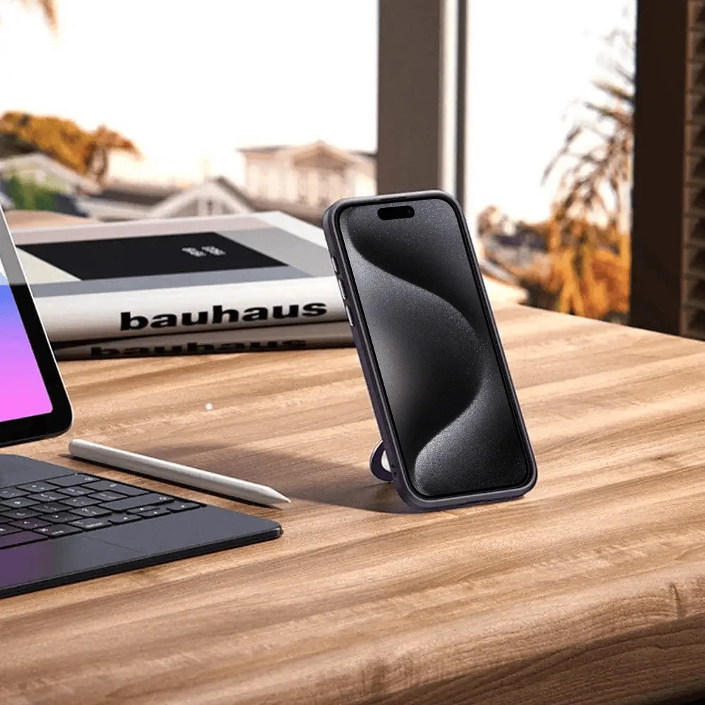 Etui do iPhone 15 Pro Max Metal Cam MagSafe Stand z podstawką, twarde, półprzeźroczyste, czarne