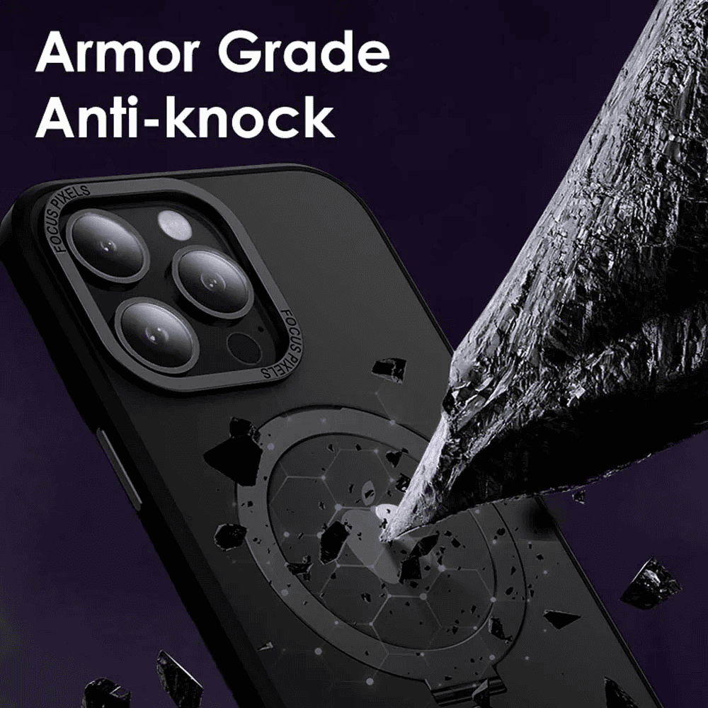 Etui do iPhone 15 Pro Max Metal Cam MagSafe Stand z podstawką, twarde, półprzeźroczyste, czarne