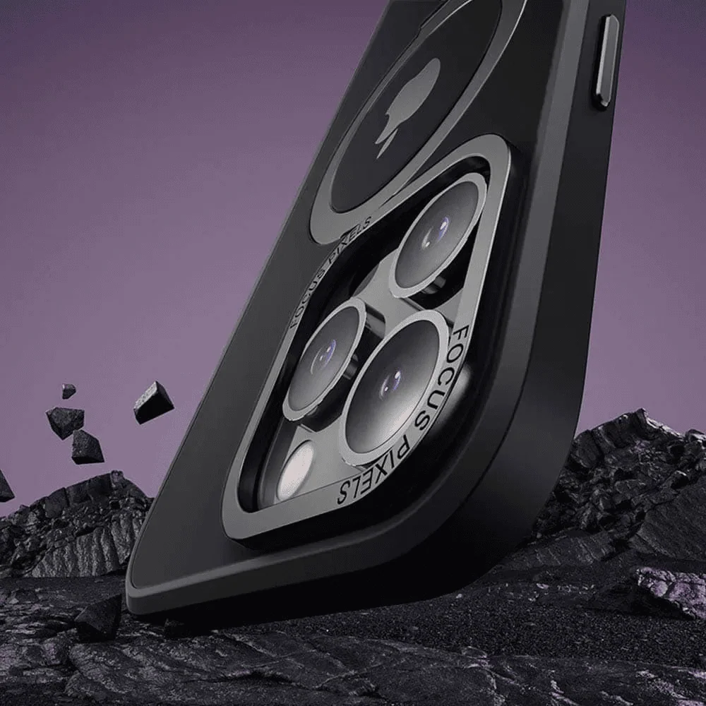 Etui do iPhone 15 Pro Max Metal Cam MagSafe Stand z podstawką, twarde, półprzeźroczyste, czarne