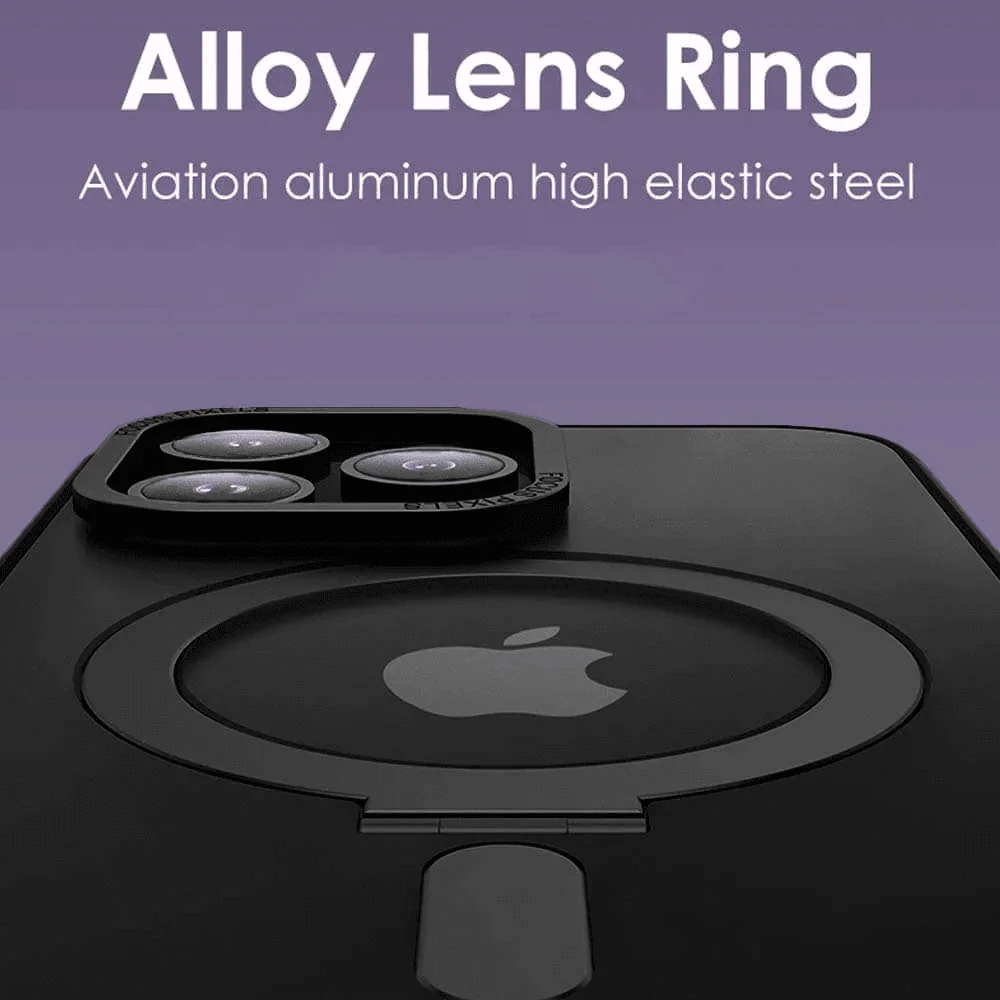 Etui do iPhone 15 Pro Max Metal Cam MagSafe Stand z podstawką, twarde, półprzeźroczyste, czarne