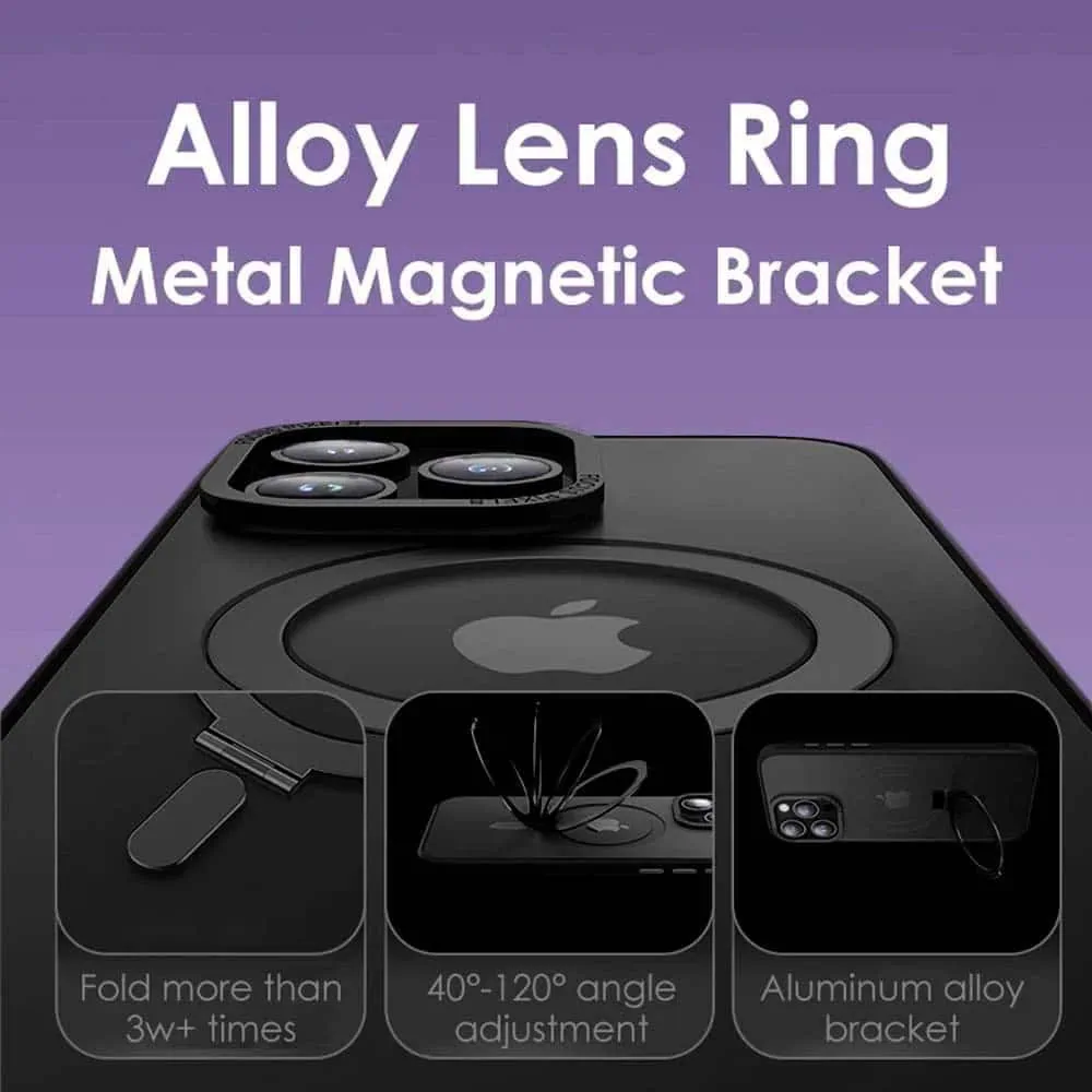 Etui do iPhone 15 Pro Max Metal Cam MagSafe Stand z podstawką, twarde, półprzeźroczyste, czarne