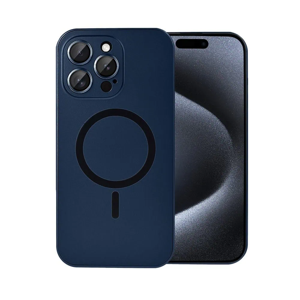 Etui do iPhone 15 Pro Metal Solid Magsafe, pełny tył z metalową ramką i osłoną aparatu, granatowe