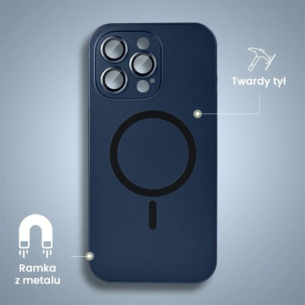 Etui do iPhone 15 Pro Metal Solid Magsafe, pełny tył z metalową ramką i osłoną aparatu, granatowe