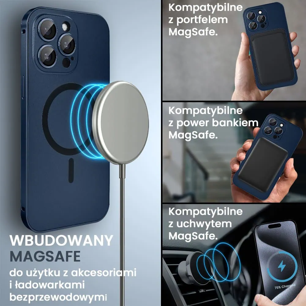 Etui do iPhone 15 Pro Metal Solid Magsafe, pełny tył z metalową ramką i osłoną aparatu, granatowe