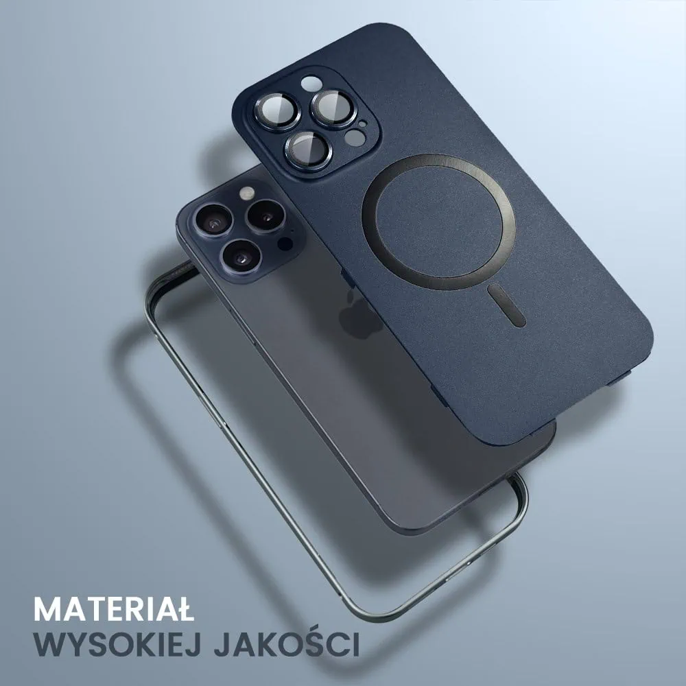 Etui do iPhone 15 Pro Metal Solid Magsafe, pełny tył z metalową ramką i osłoną aparatu, granatowe