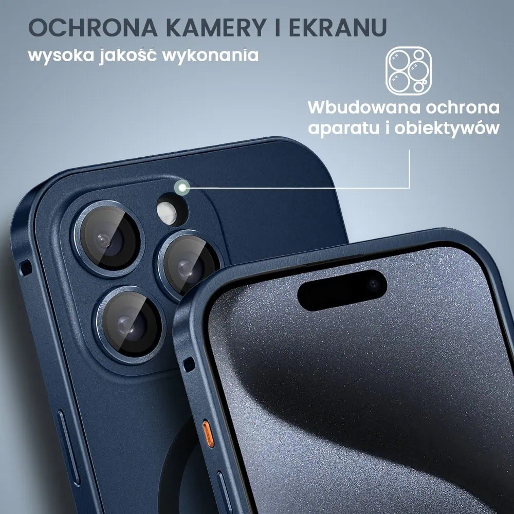 Etui do iPhone 15 Pro Metal Solid Magsafe, pełny tył z metalową ramką i osłoną aparatu, granatowe