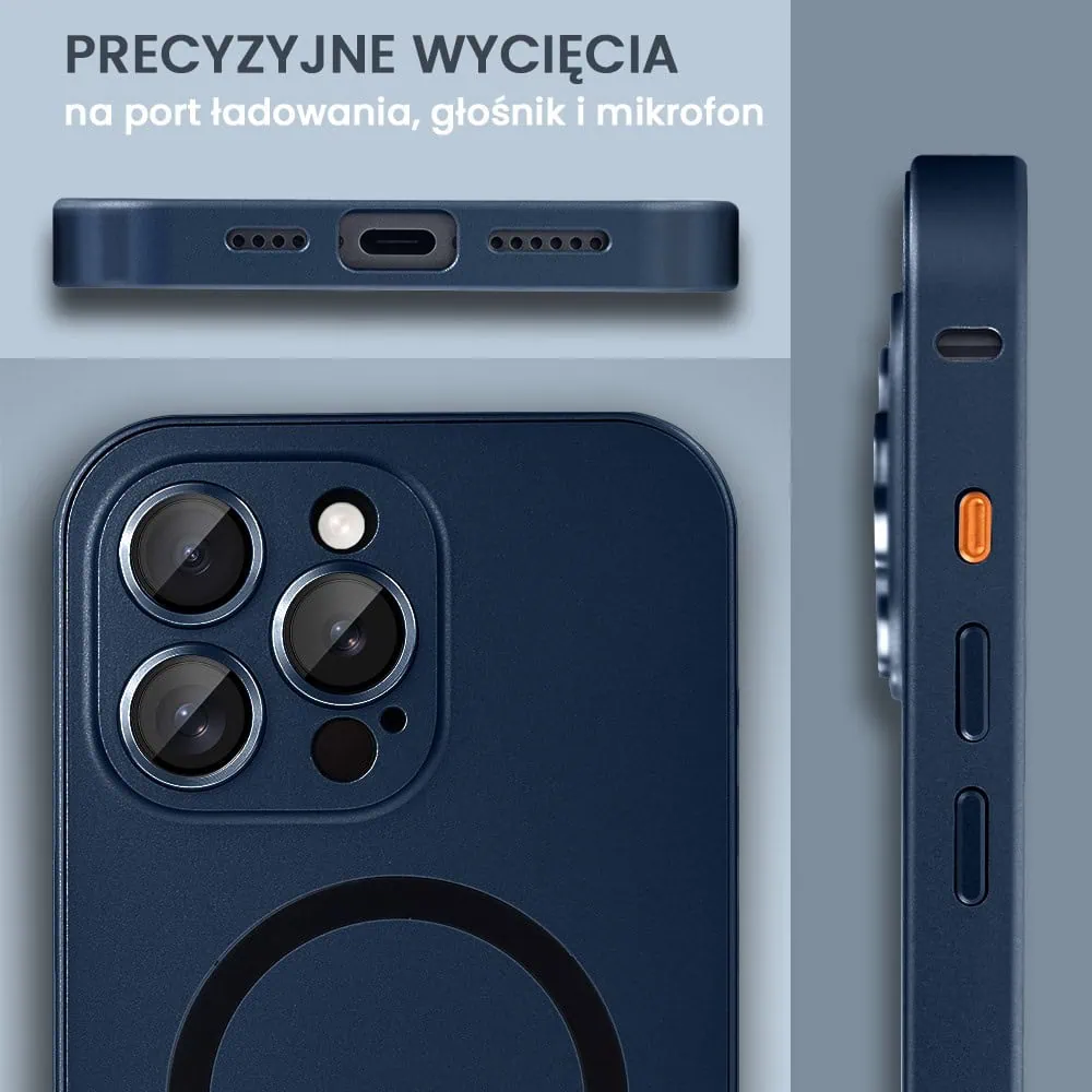 Etui do iPhone 15 Pro Metal Solid Magsafe, pełny tył z metalową ramką i osłoną aparatu, granatowe